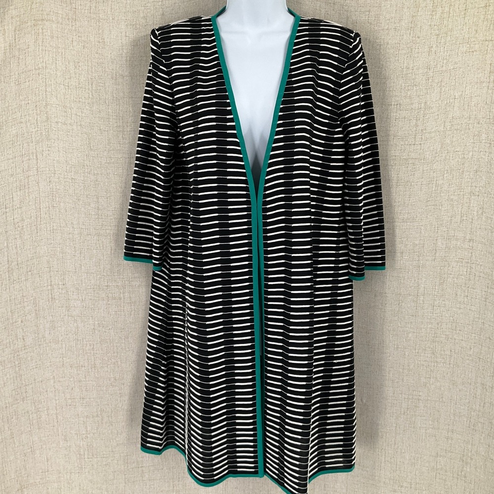 Misook Jacket Women M Black Striped Longline Open Front Knit Green Trim Classic